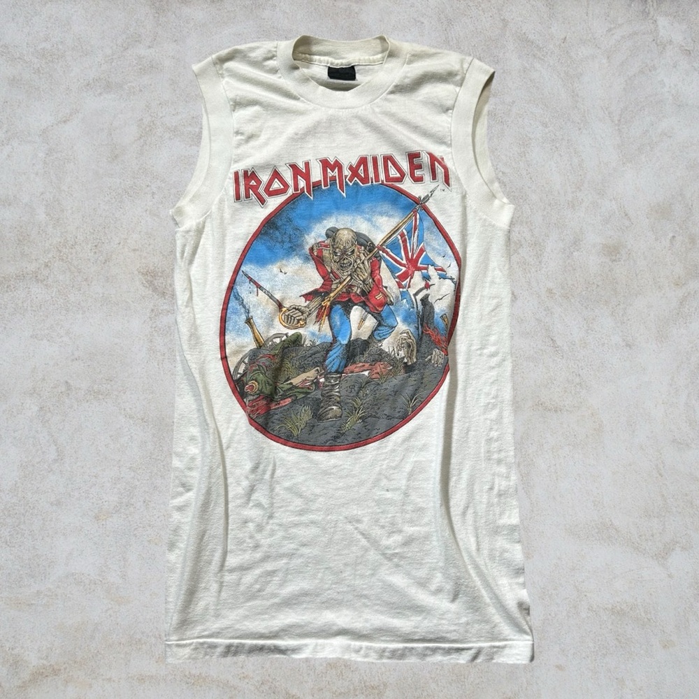 Vintage Iron Maiden‎ Shirt Mens Small Medium White 1983 British Metal Onslaught